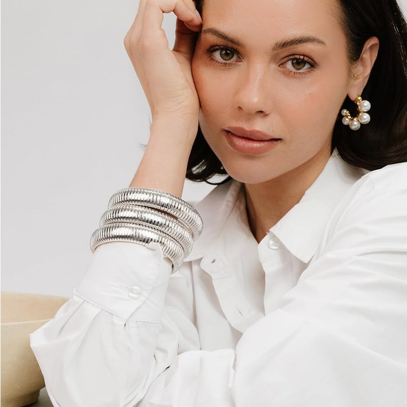 JUNYANGY Gold Bangles for Women Set of 3 Chunky Stretch Bangles Bracelets 24K Gold Plated Stainless Steel Bracelets Flexible Wide Stack Bracelets Designer Look Alike Jewelry for Women - Image 2